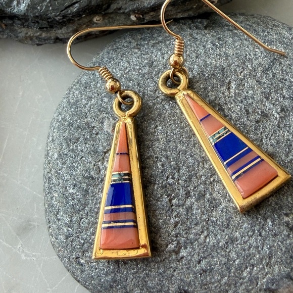Native American Jewelry - 18K GOLD Zuni Native American Vintage Multi-stone Dangle Earrings